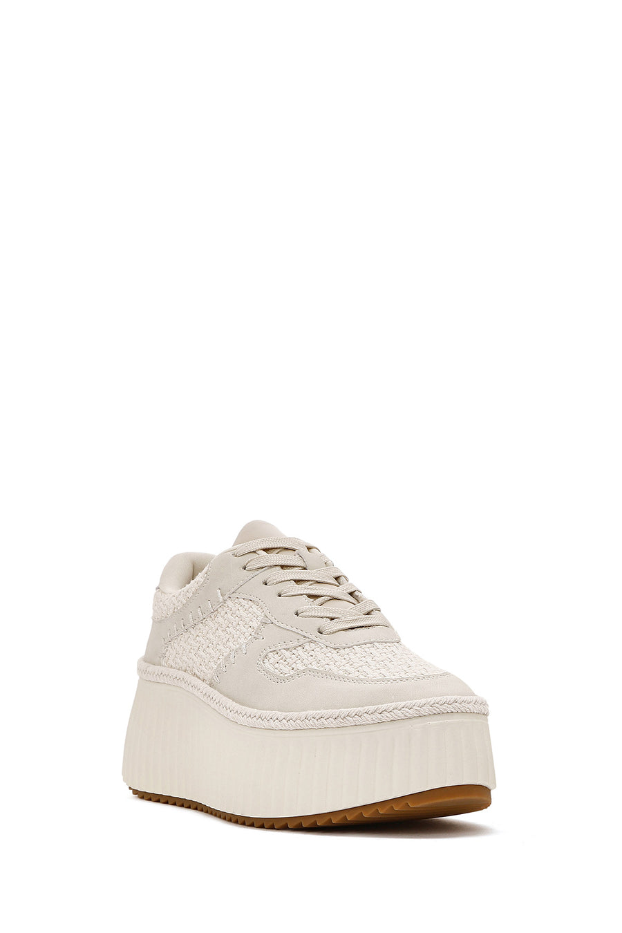 Women's Beige Lace-Up Thick-Sole Knitted Sneakers