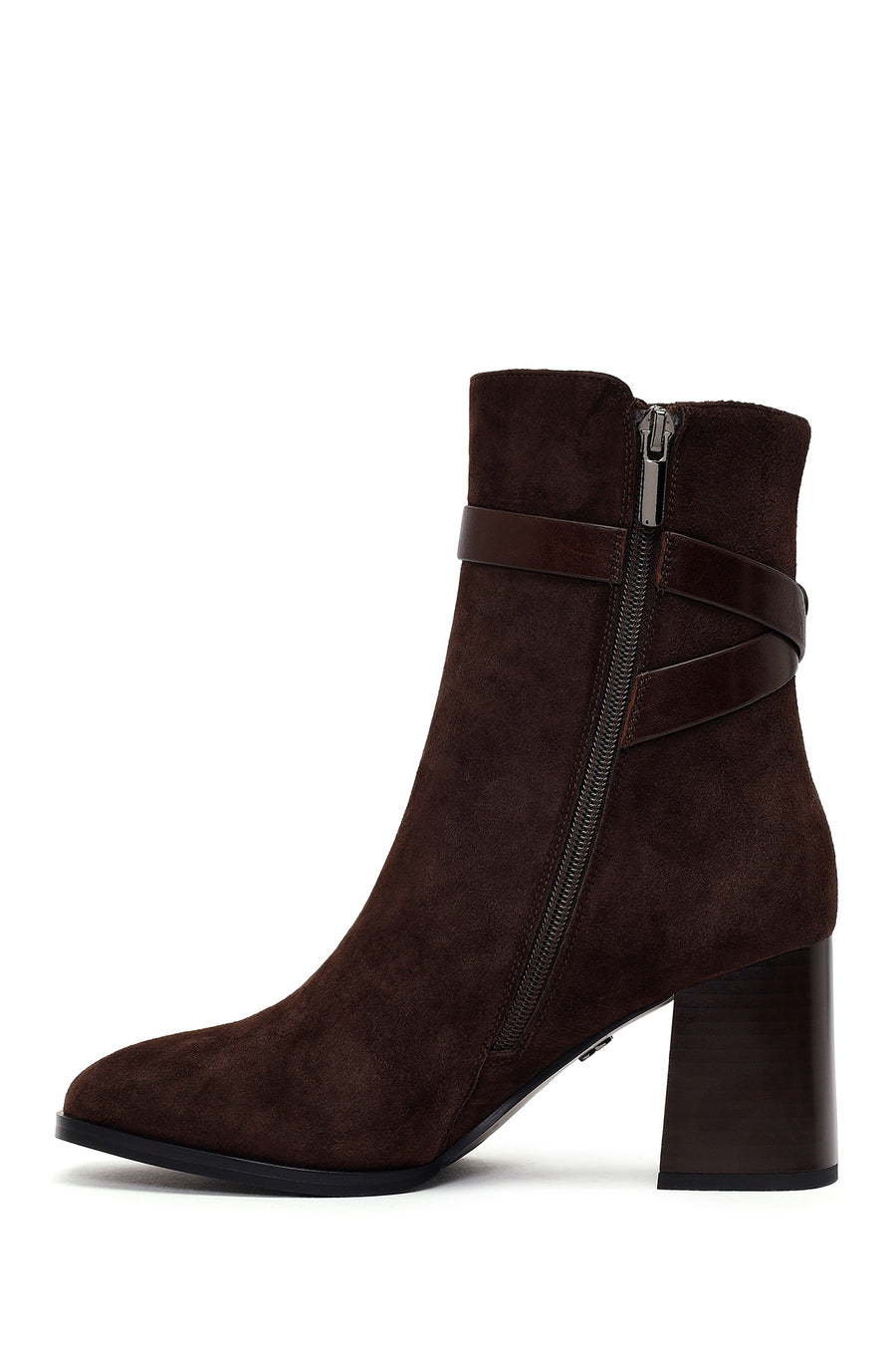 Woman Brown Zip Closure Chunky Heeled Suede Boots