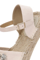 Women's Beige Ankle Buckle Jean Fabric Stoned Espadrille Sandals | Derimod