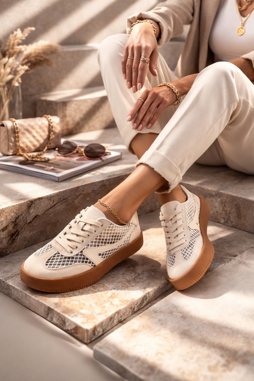 Kadın Bej Bağcıklı Kumaş Sneaker