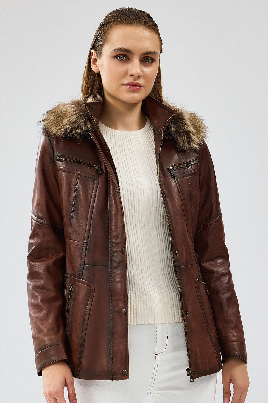 Rebecca Women's Brown Hooded Furry Leather Jacket