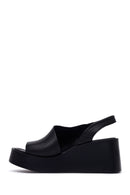 Woman Black Wedge Heel Leather Comfort Sandals | Derimod