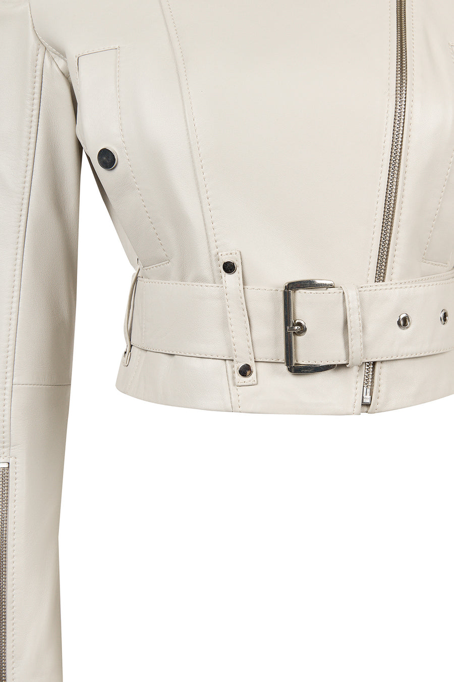 Avanti Woman Beige Off-Shoulder Short Biker Leather Jacket