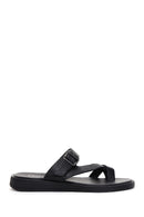 Women's Black Leather Flip-Flop Comfort Slippers | Derimod