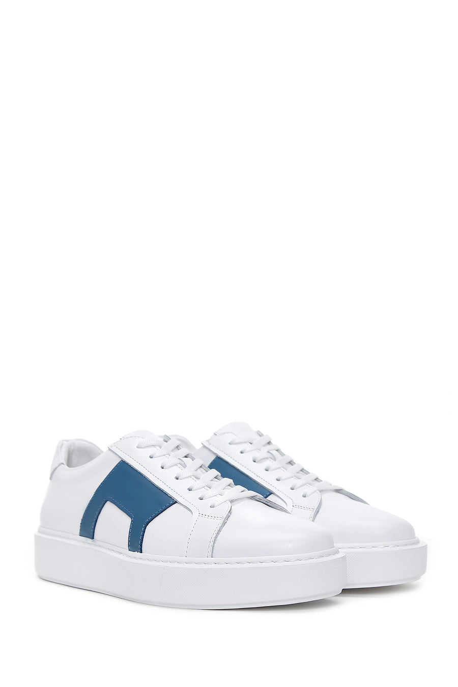 Men's White Blue Patterned Leather Thick Soled Sneaker