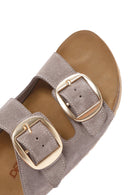 Women's Beige Buckle Suede Leather Slippers | Derimod