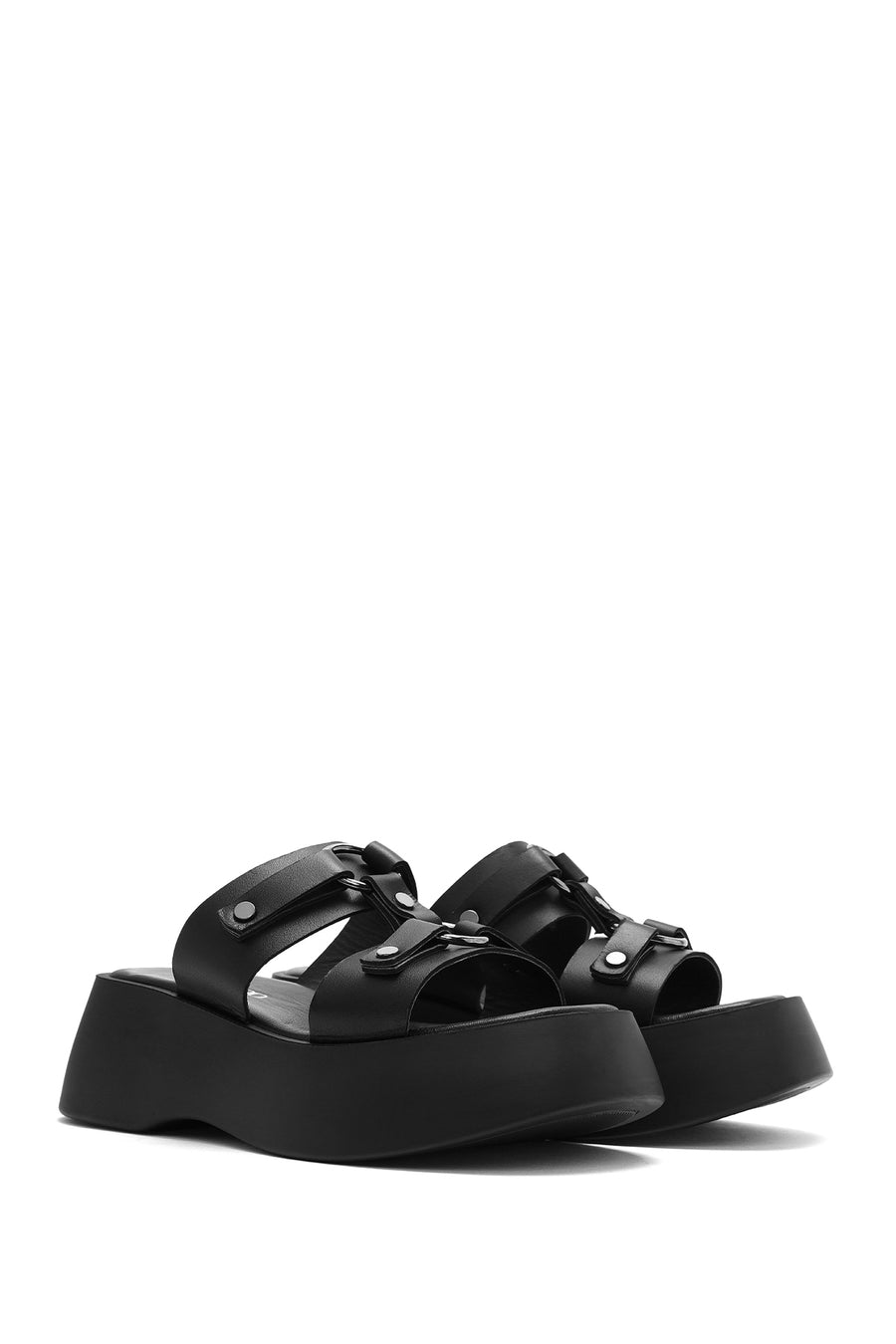 Women's Black Thick Soled Leather Slippers