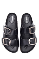 Women's Black Double Buckle Slippers | Derimod