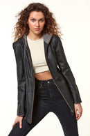 Pamela Kadın Siyah Kapüşonlu Uzun Deri Ceket | Derimod