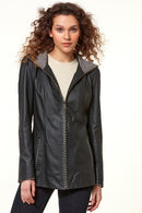 Pamela Kadın Siyah Kapüşonlu Uzun Deri Ceket | Derimod