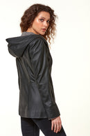 Pamela Kadın Siyah Kapüşonlu Uzun Deri Ceket | Derimod