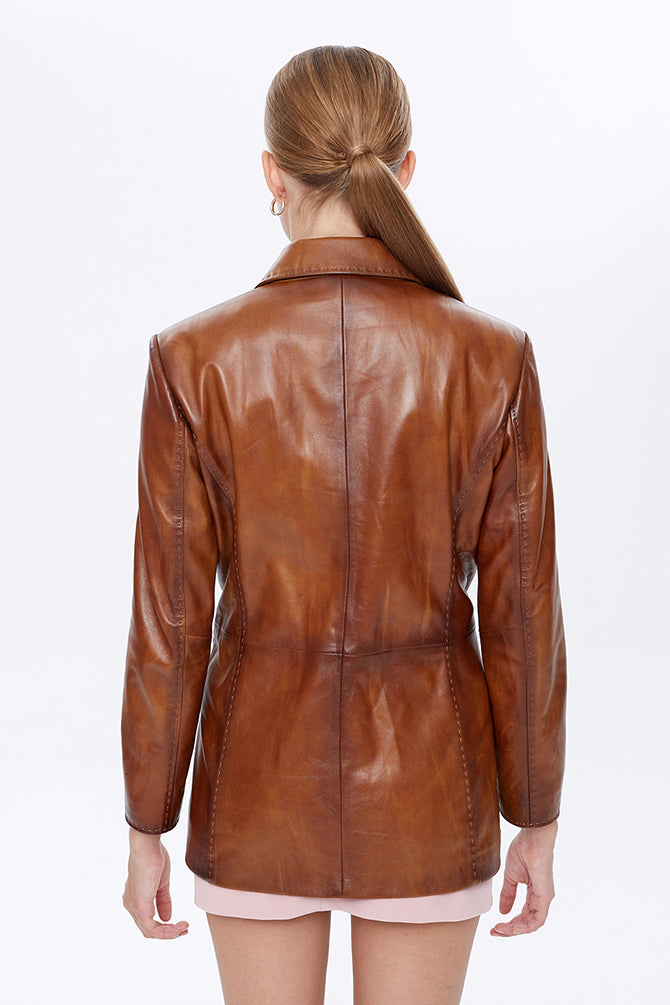 Barbara Women's Camel Long Leather Jacket