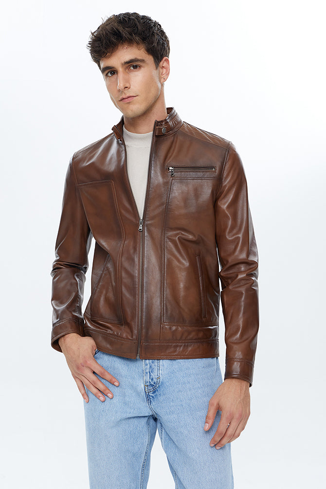 Felibe Men's Cognac Leather Jacket 22SGE643247 | Derimod