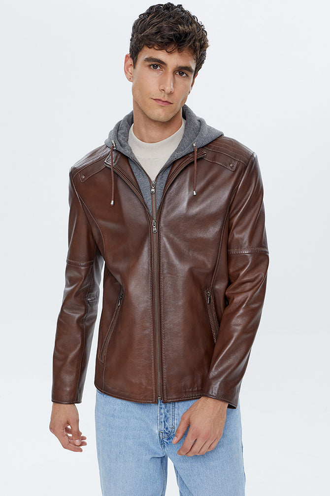 Danny Erkek Konyak Kapüşonlu Spor Deri Ceket 22SGE643447 | Derimod