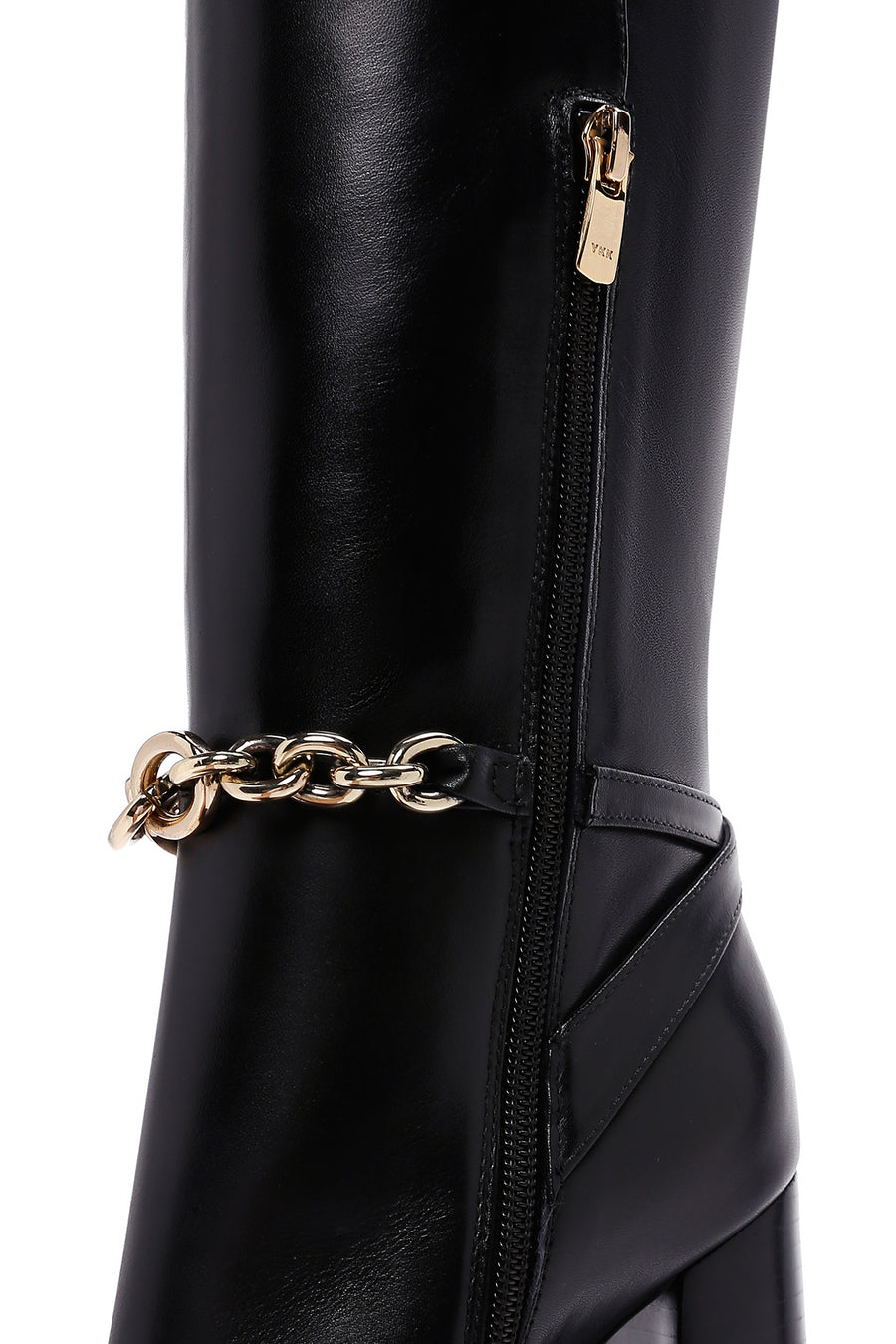 Women's Black High Heel Zippered Leather Boots with Chain Detail