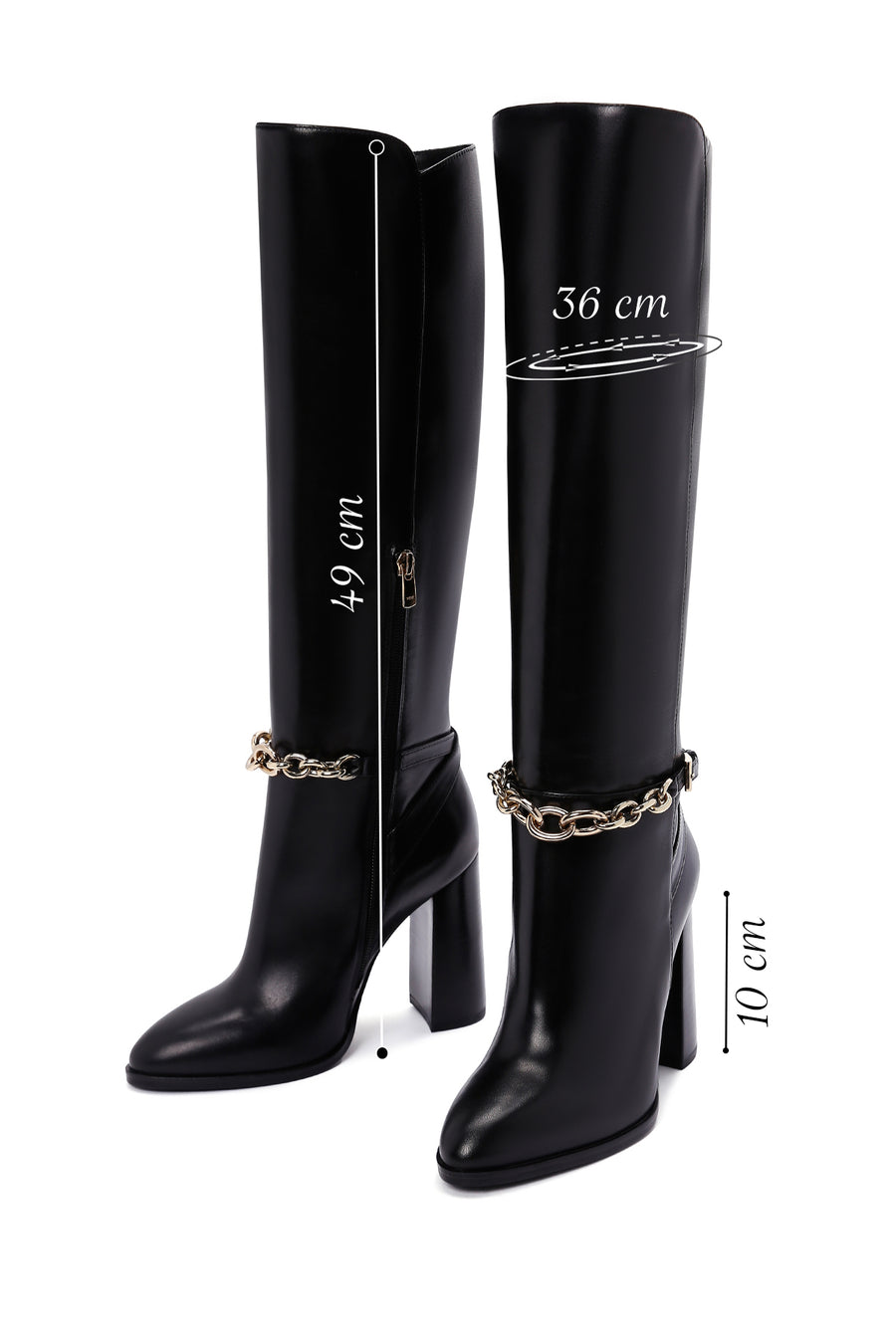 Women's Black High Heel Zippered Leather Boots with Chain Detail