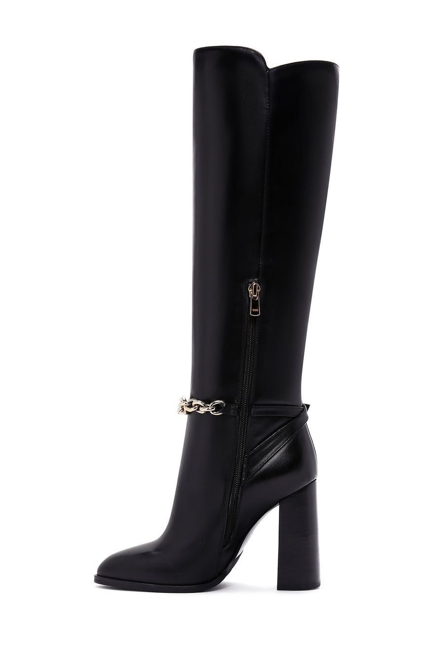 Women's Black High Heel Zippered Leather Boots with Chain Detail