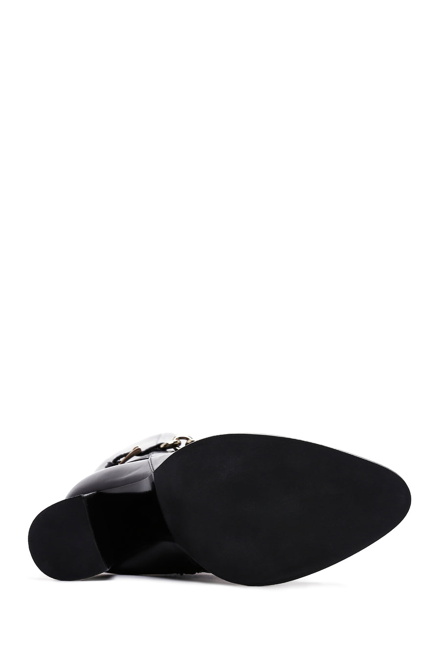 Women's Black High Heel Zippered Leather Boots with Chain Detail