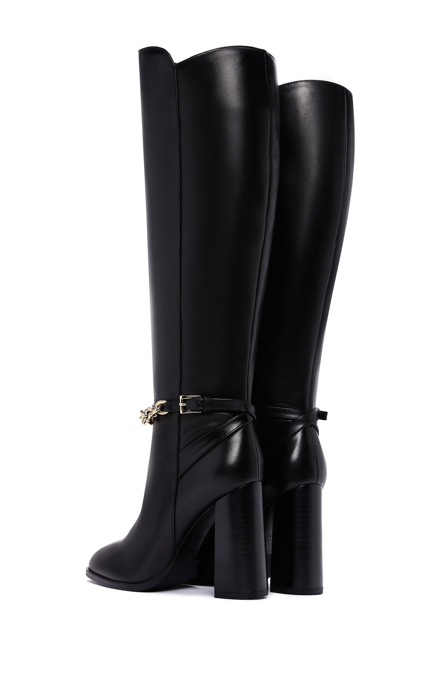 Women's Black High Heel Zippered Leather Boots with Chain Detail