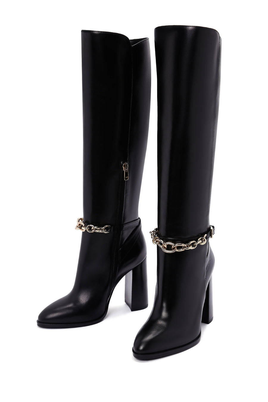 Women's Black High Heel Zippered Leather Boots with Chain Detail