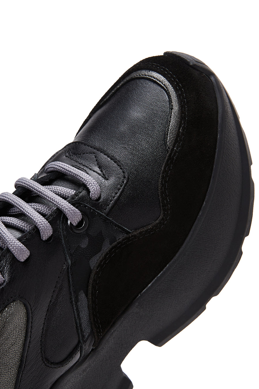 Kadın Siyah Deri Süet Detaylı Kalın Tabanlı Sneaker