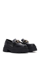 Women's Black Leather Thick Soled Masculine Loafer | Derimod