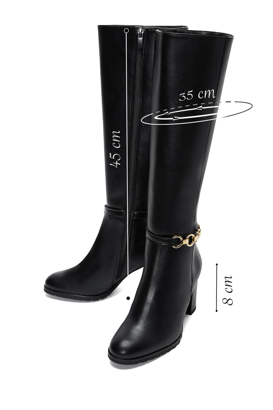 Women's Black Zippered Chain Heeled Boots