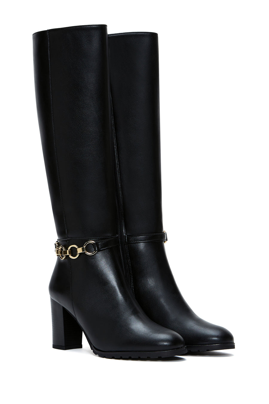 Women's Black Zippered Chain Heeled Boots