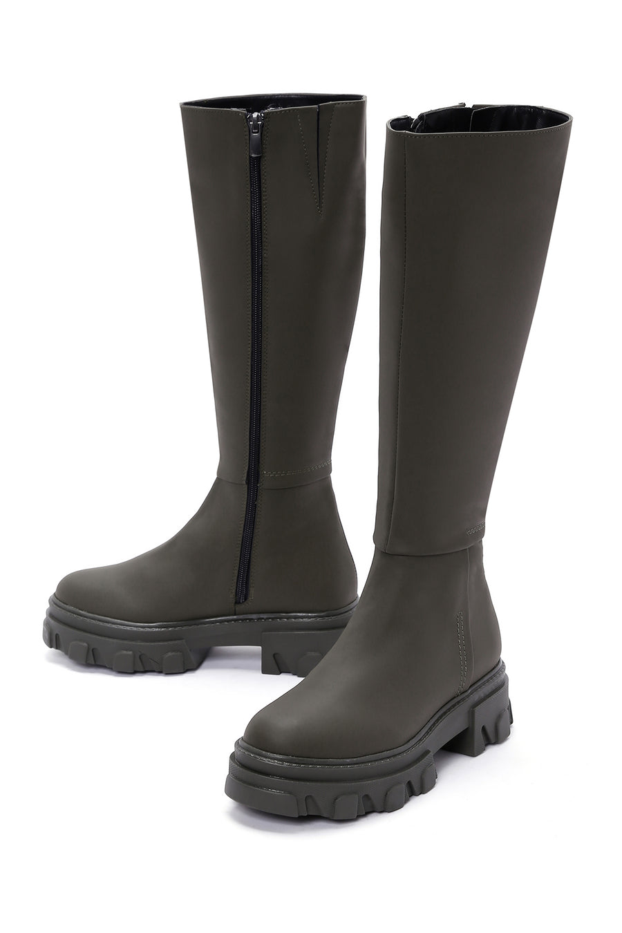 Women's Khaki Zippered Thick Soled Boots