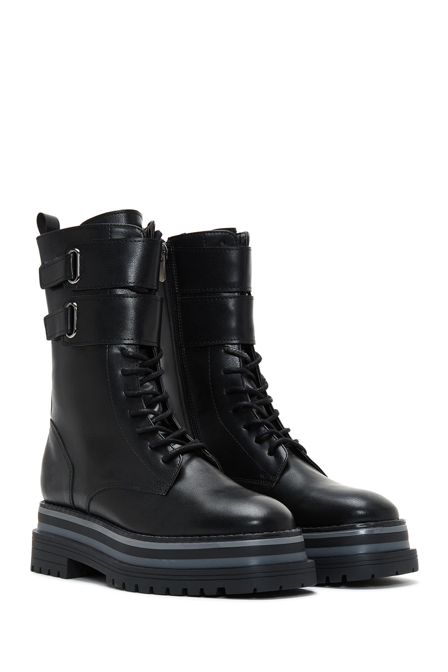 Women's Black Thick Soled Zippered Flat Boots