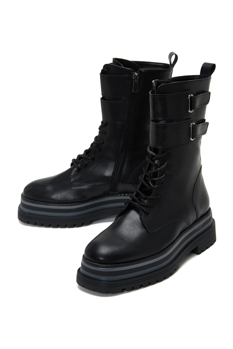 Women's Black Thick Soled Zippered Flat Boots