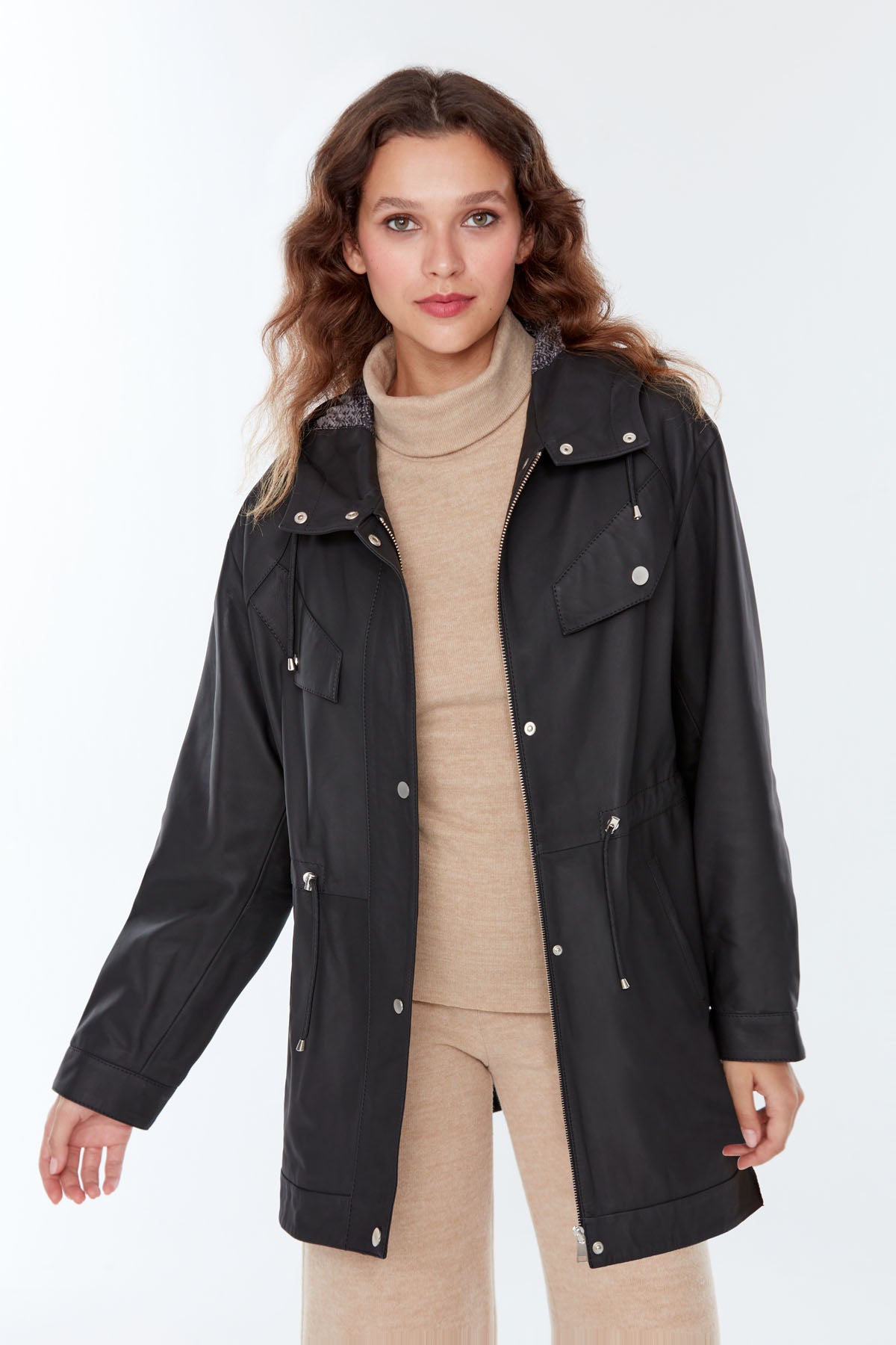 Alina Women's Black Hooded Leather Coat 22WGD5021DN | Derimod
