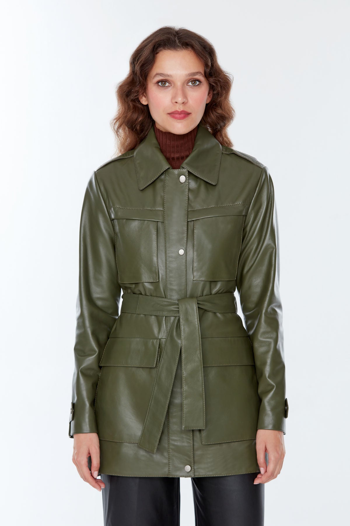 Anastasia Kadın Haki Uzun Deri Ceket