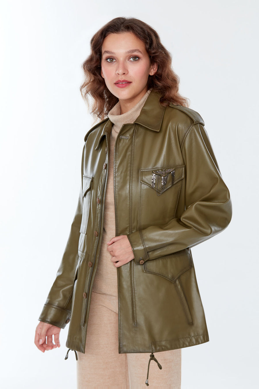 Isabel Women's Khaki Long Leather Parka