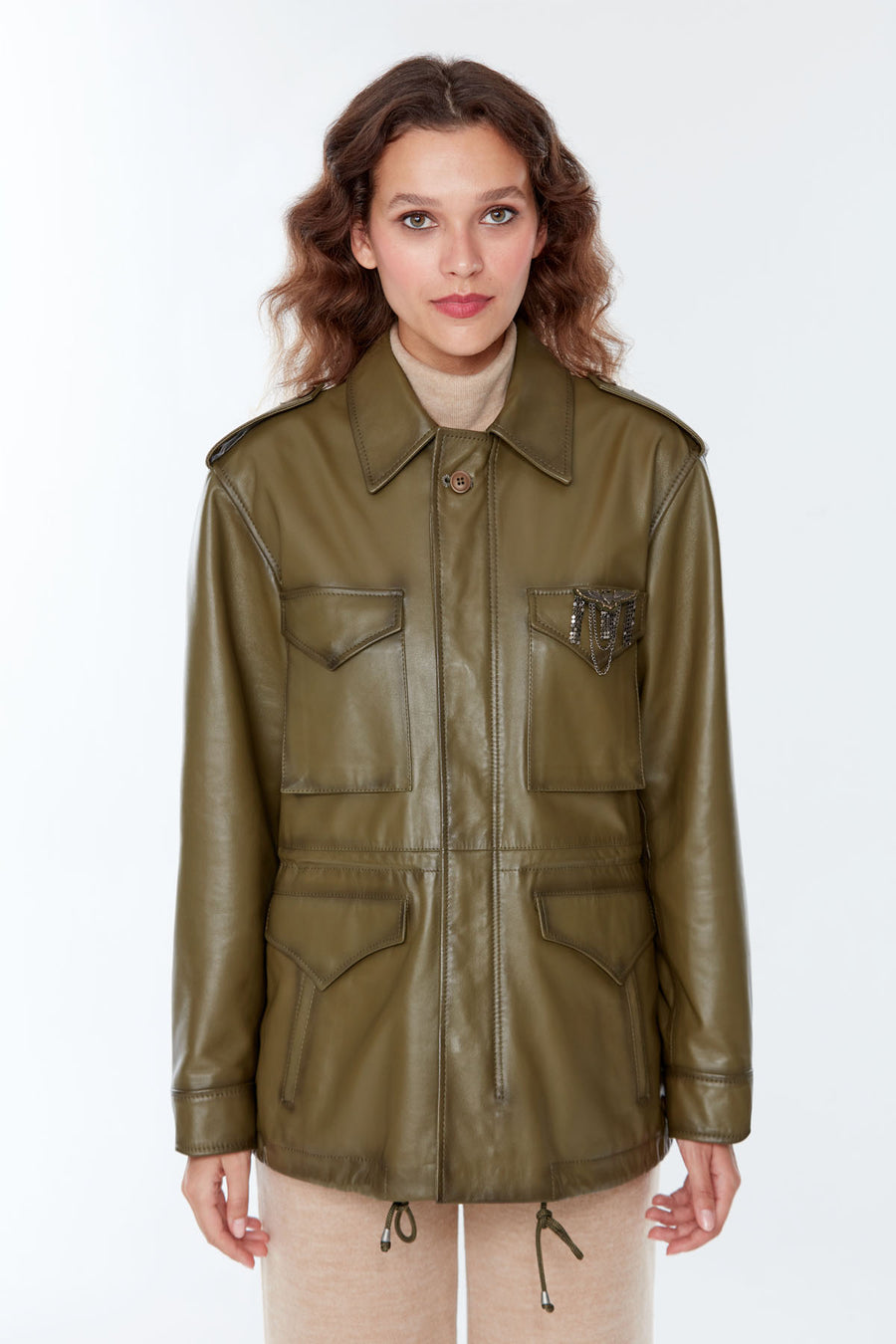 Isabel Women's Khaki Long Leather Parka
