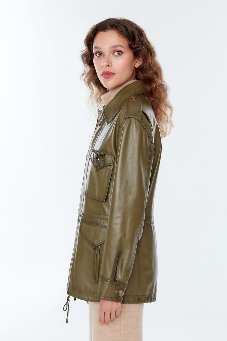 Isabel Women's Khaki Long Leather Parka