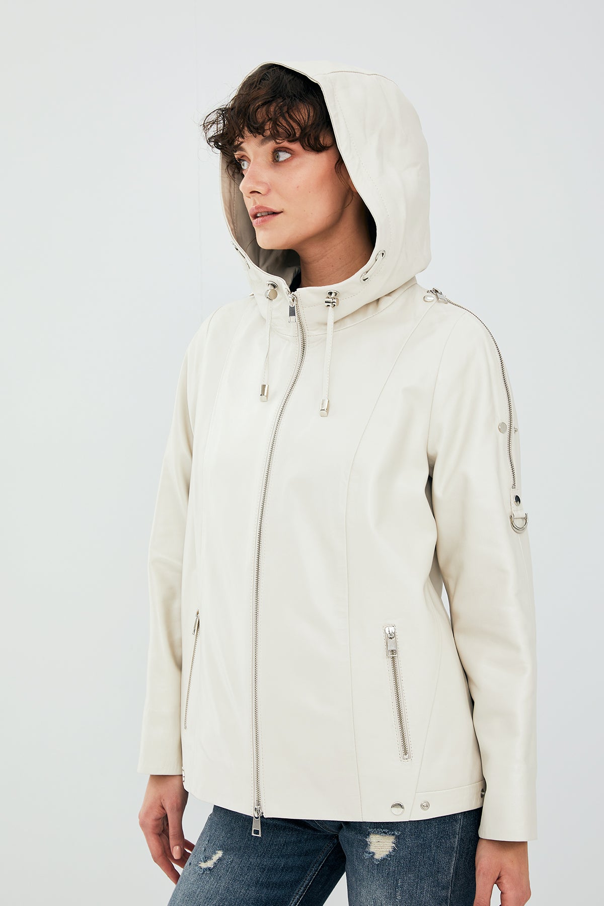 Judith Kadın Krem Kapüşonlu Oversize Deri Ceket