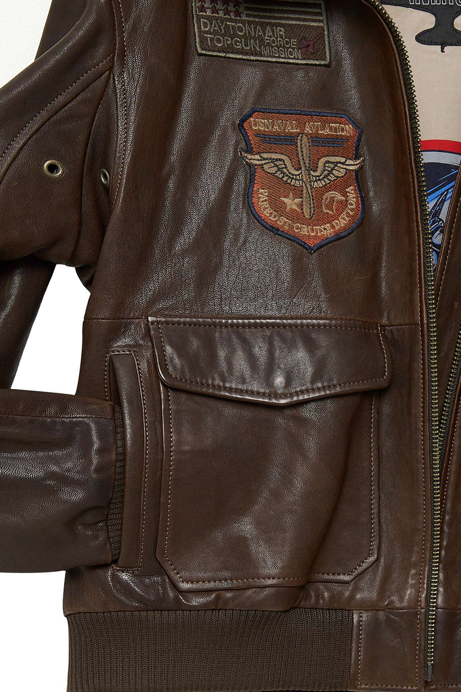 Top Gun Kadın Kahverengi Armalı Yakası Kürklü Deri Pilot Mont