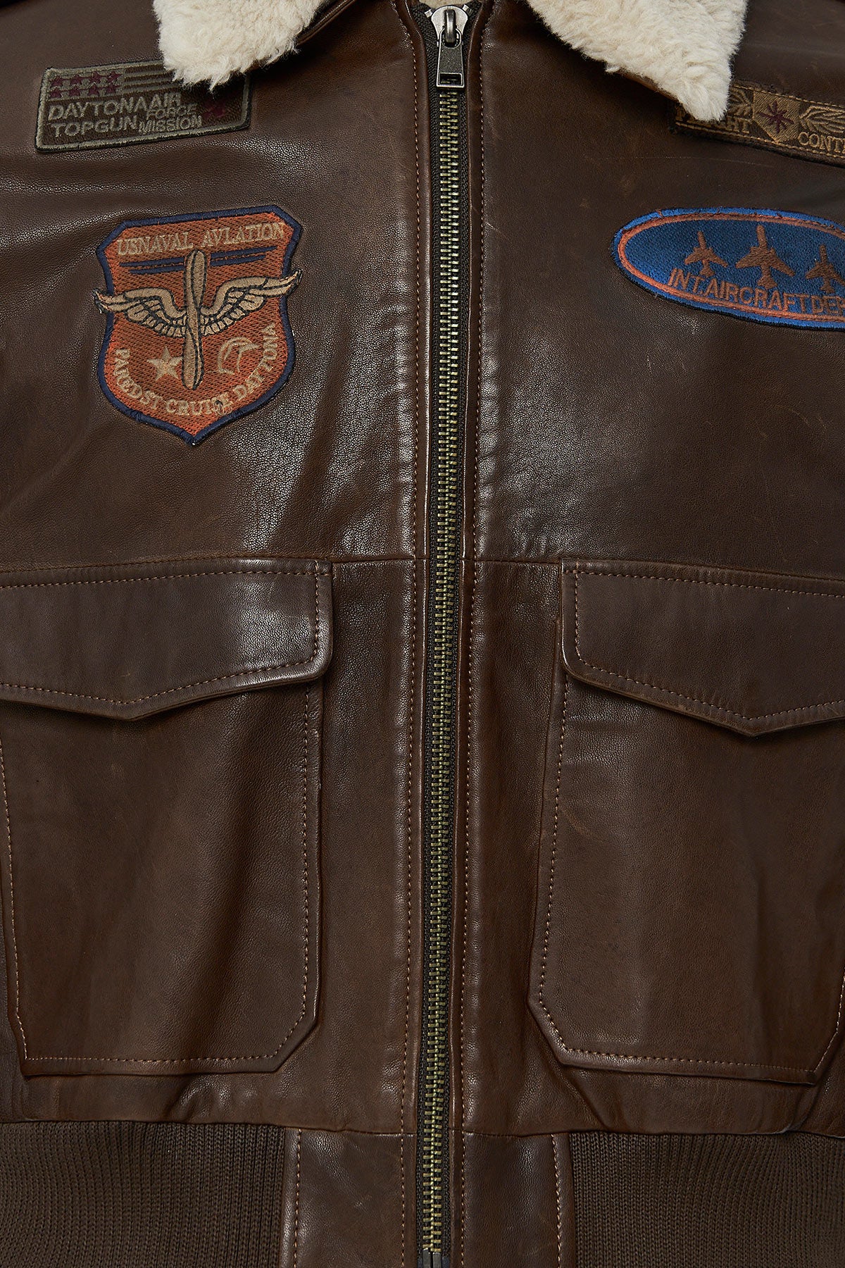 Top Gun Kadın Kahverengi Armalı Yakası Kürklü Deri Pilot Mont