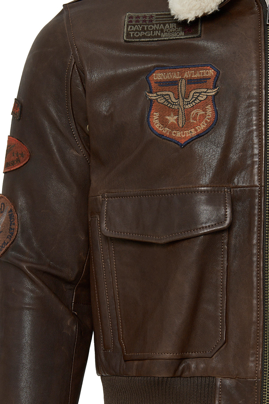 Top Gun Kadın Kahverengi Armalı Yakası Kürklü Deri Pilot Mont