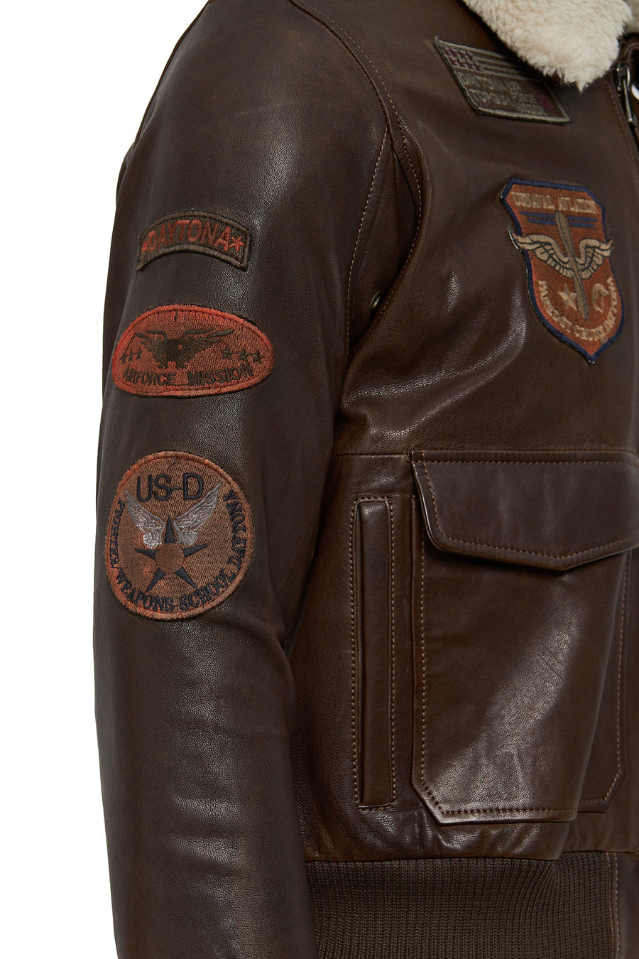 Top Gun Kadın Kahverengi Armalı Yakası Kürklü Deri Pilot Mont