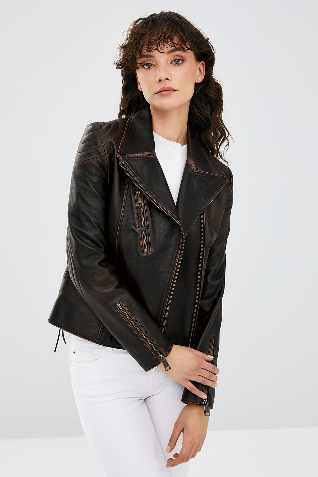 Xuma Kadın Kahverengi Vintage Oversize Biker Deri Ceket