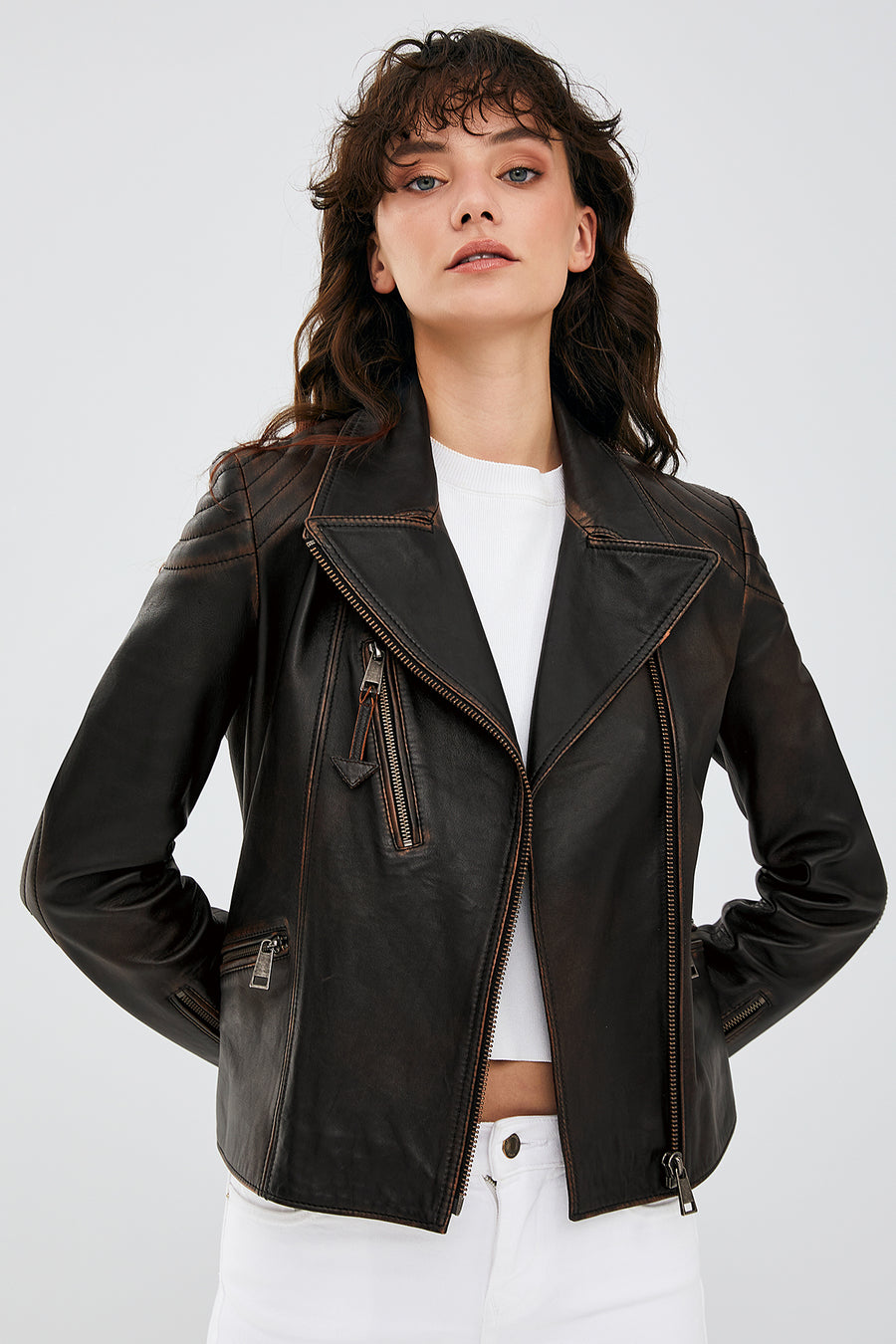 Xuma Kadın Kahverengi Vintage Oversize Biker Deri Ceket