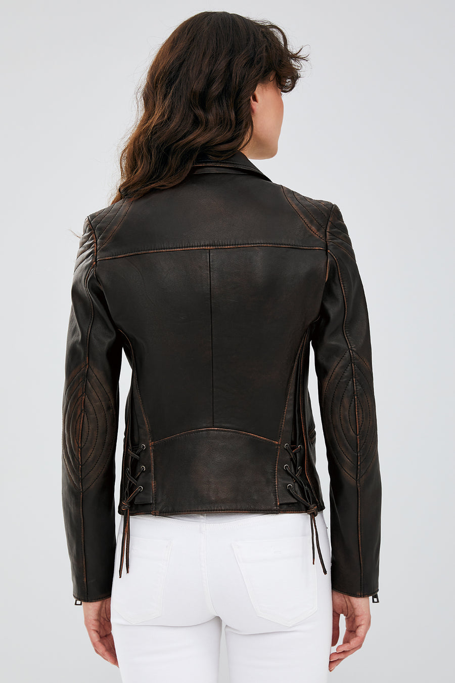 Xuma Kadın Kahverengi Vintage Oversize Biker Deri Ceket