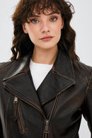 Xuma Kadın Kahverengi Vintage Oversize Biker Deri Ceket | Derimod