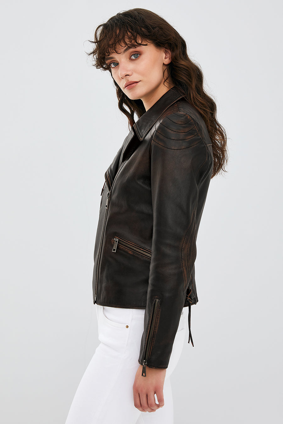 Xuma Kadın Kahverengi Vintage Oversize Biker Deri Ceket