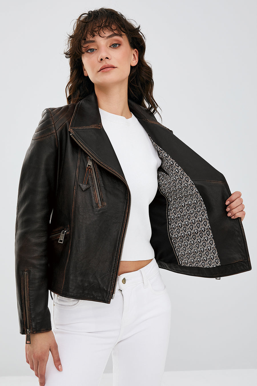 Xuma Kadın Kahverengi Vintage Oversize Biker Deri Ceket