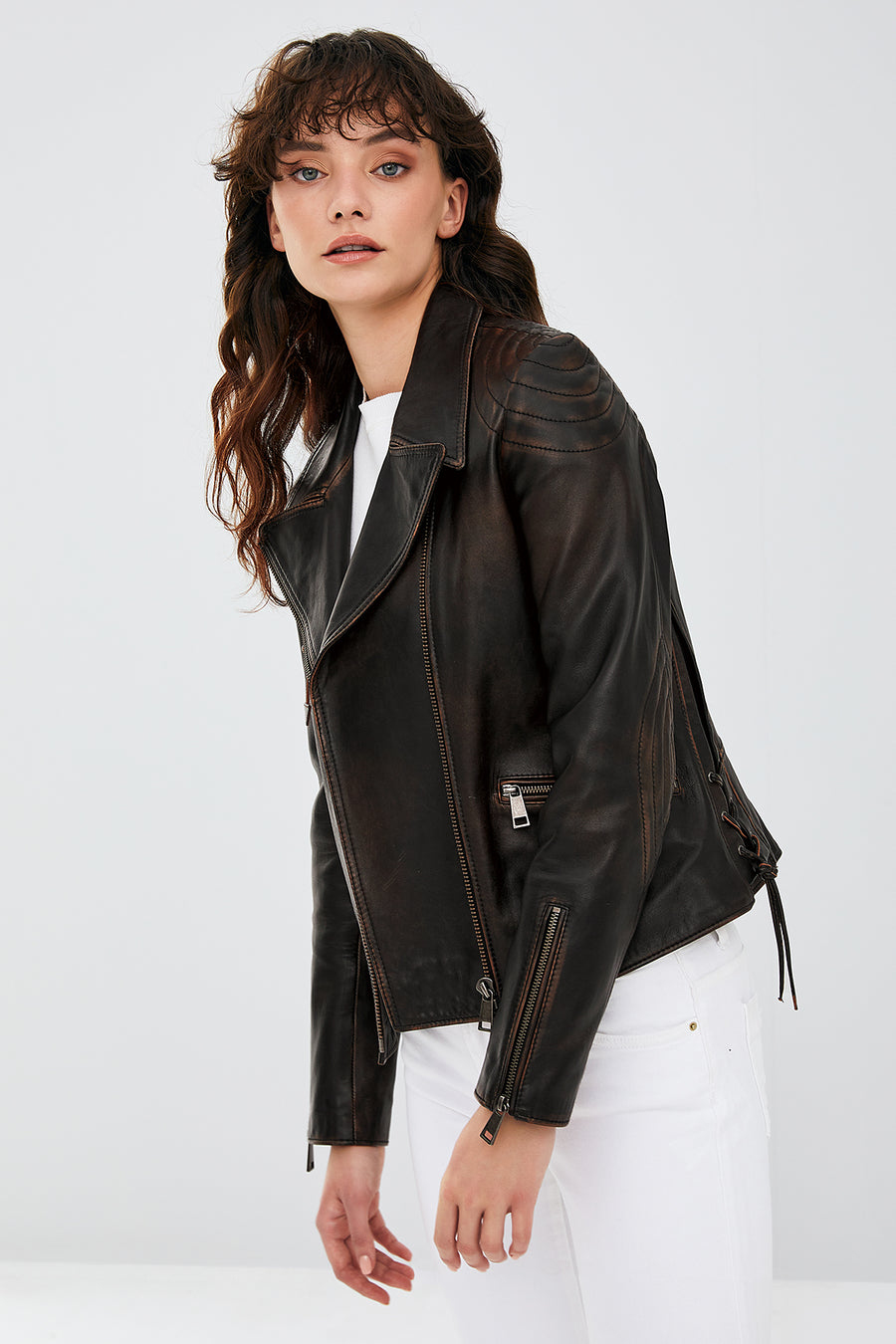 Xuma Kadın Kahverengi Vintage Oversize Biker Deri Ceket
