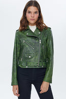 Newage Women's Green Leather Short Biker Jacket | Derimod