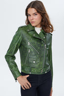Newage Women's Green Leather Short Biker Jacket | Derimod